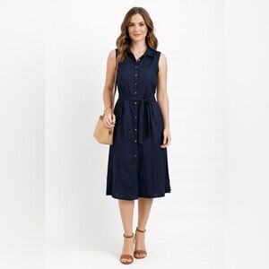 Tommy Bahama Sleeveless Navy Button-Front Midi Dress with Tie Waist